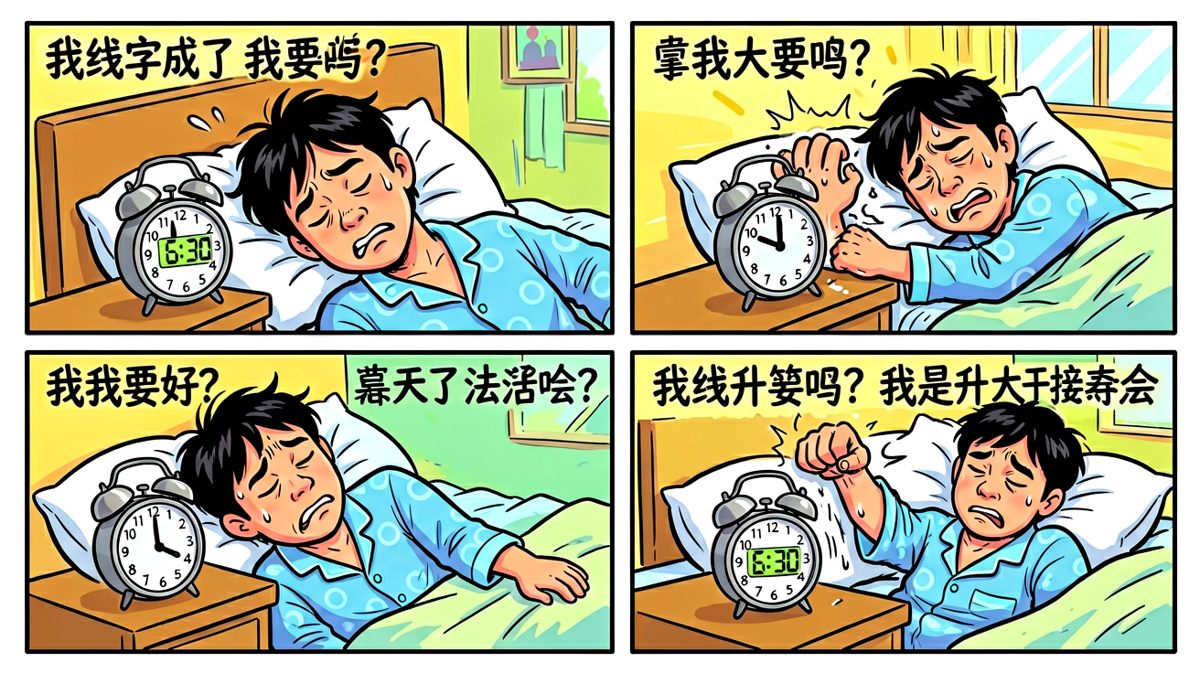 闹钟响起，主角闭眼狂拍，完全没发现自己睡衣穿反了。
