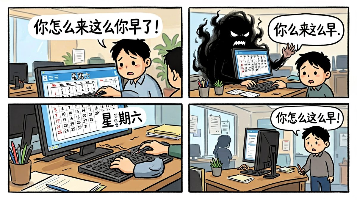 冲到公司才发现今天其实是周六，昨晚的忙活全白费了。