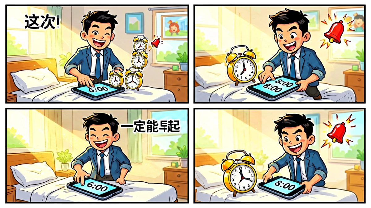 自信满满设定5个闹钟：今天一定早起！