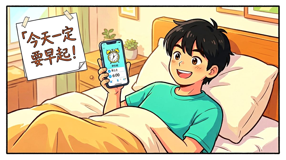 第一格：信心满满地设置闹钟，立志改变生活