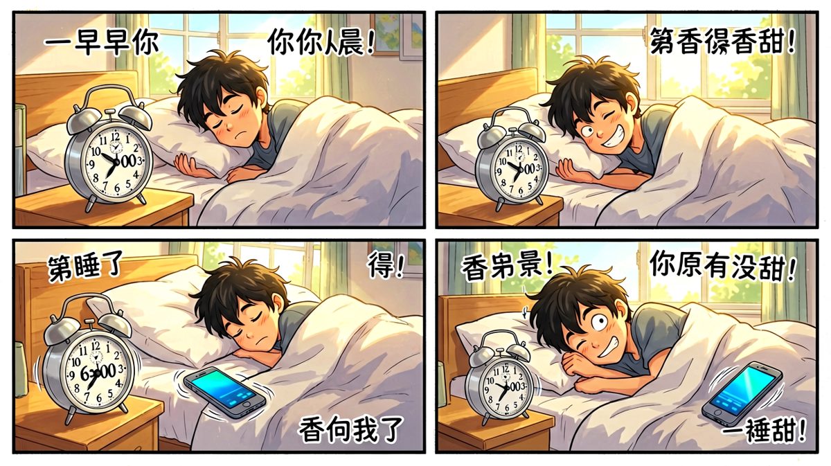 第三格：第二天，闹钟依然按时响起，但人已经睡着了
