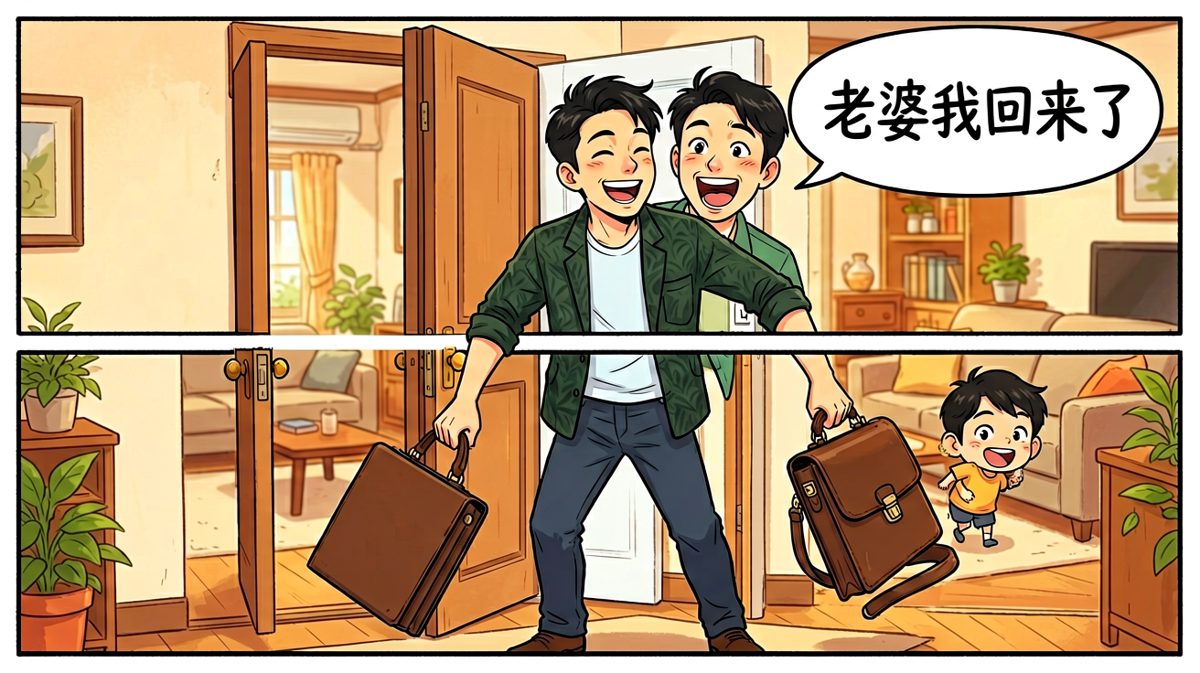 习惯性喊出一句'老婆我回来了'，自信满满。