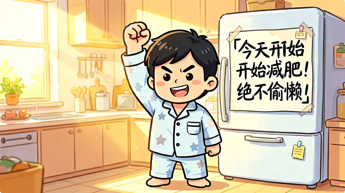 主角信誓旦旦立下减肥 flag，气势如虹。