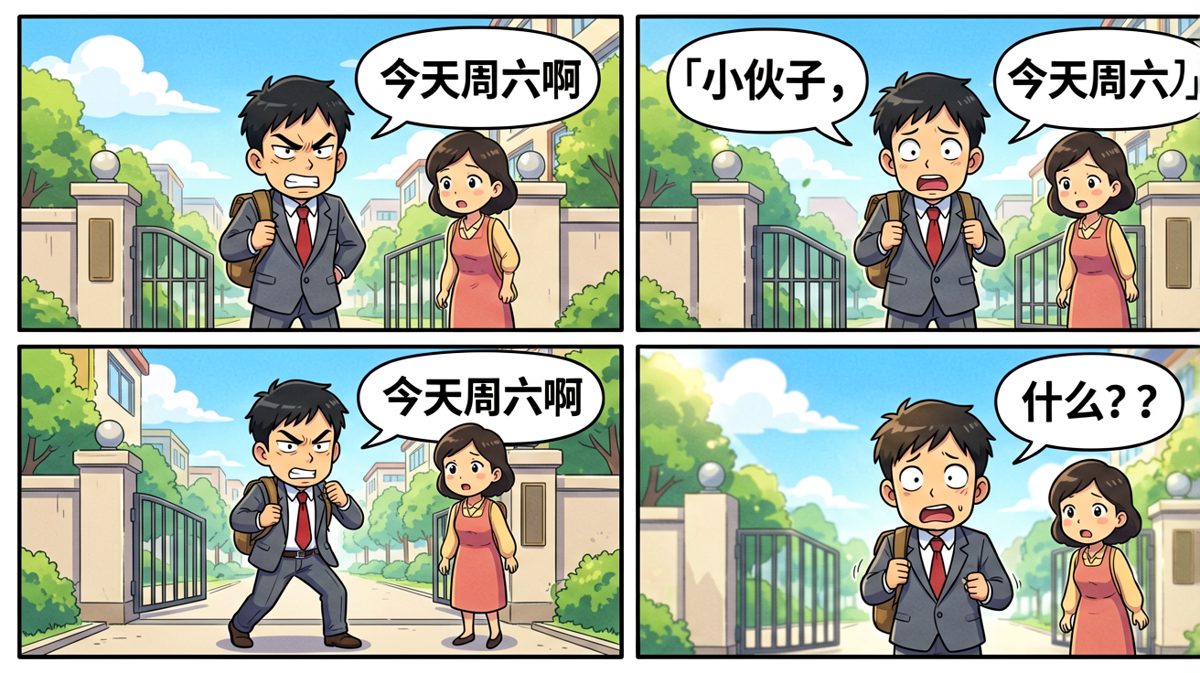 冲到门口被大妈点破——今天是周六。