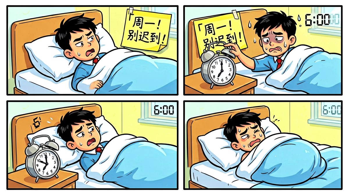 闹钟响起，看到便签上的「周一」，咬牙爬起来