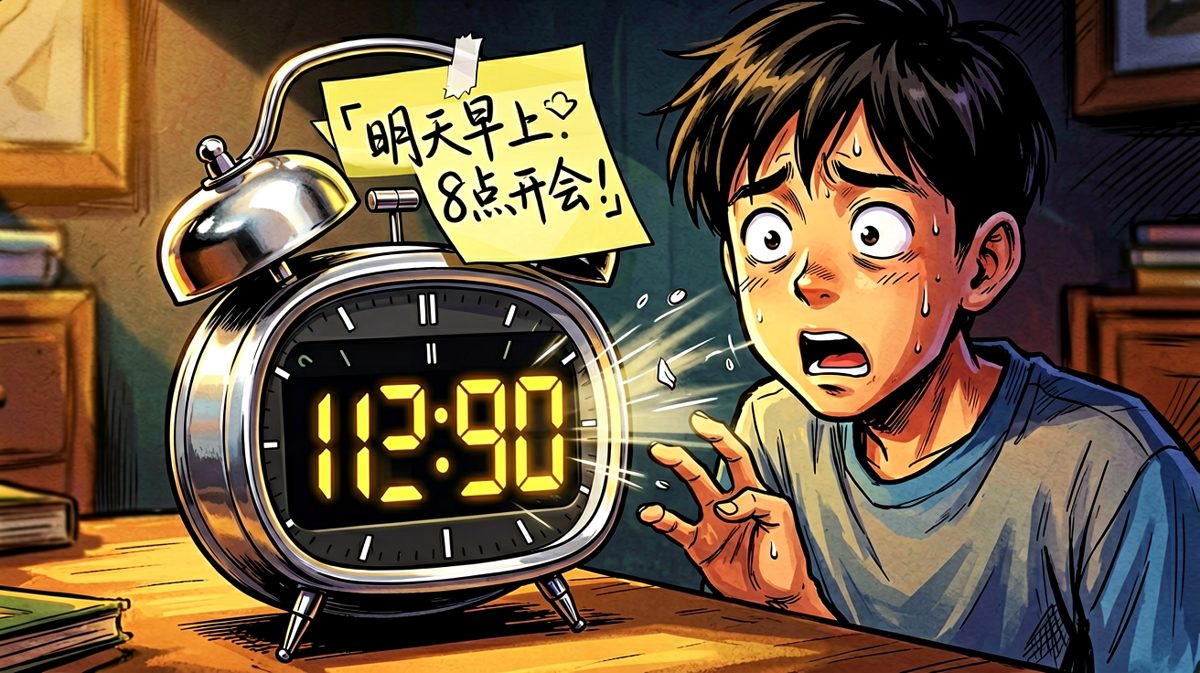 闹钟上的便签揭露真相——闹钟定的是明天