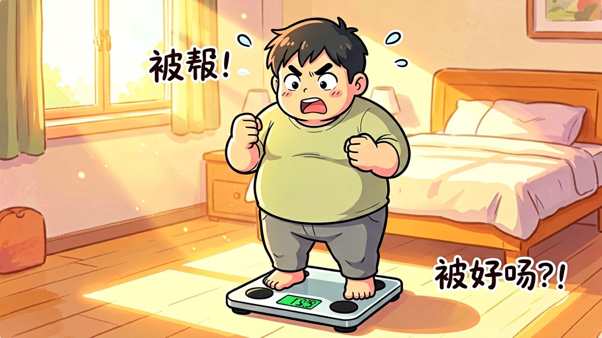 看着体重秤上的数字，我发誓要从今天开始减肥！
