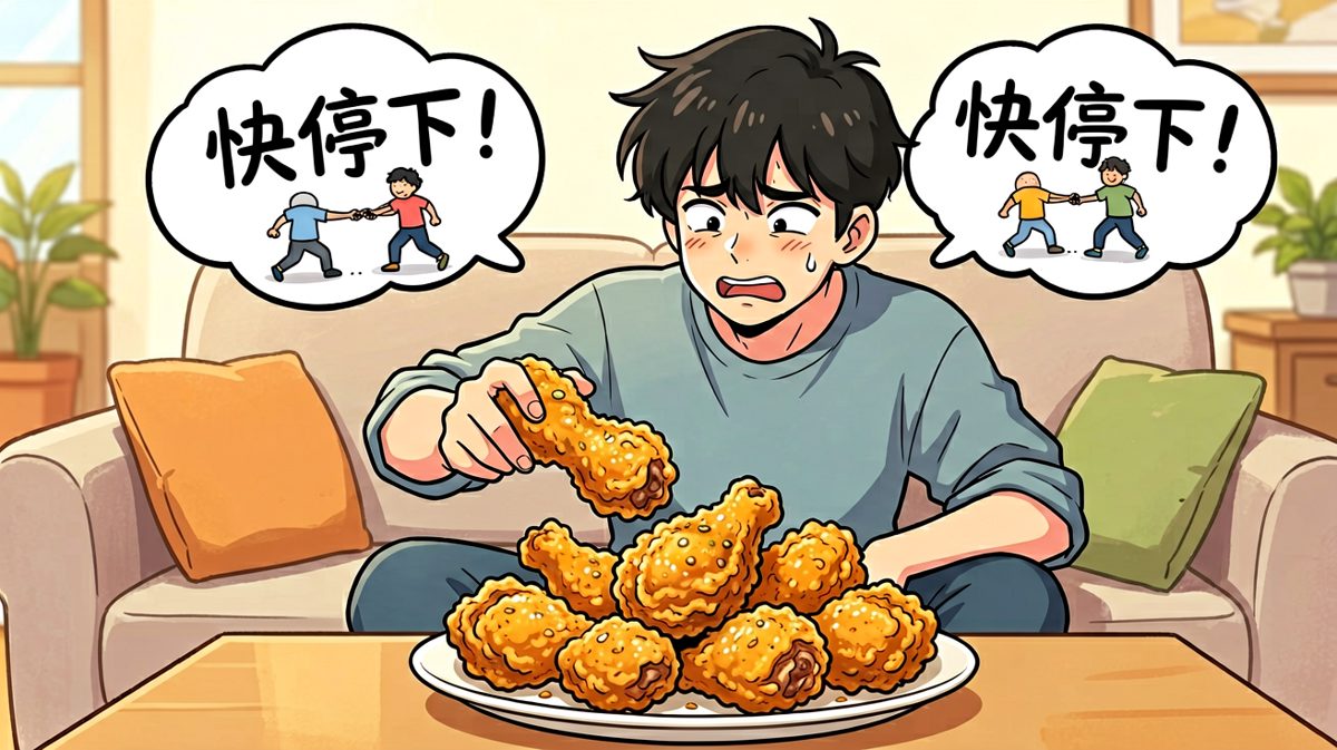 减肥小人：住口！我的良心：不，你吃吧。