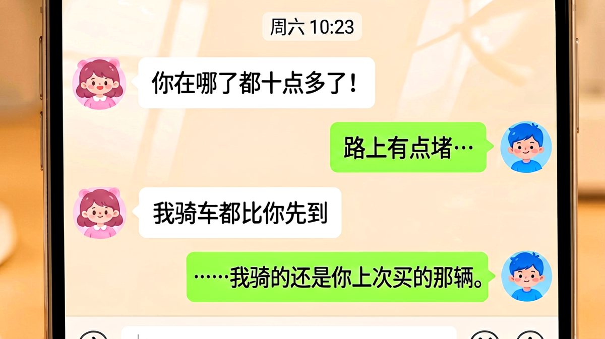 男生迟到还自曝骑车去的，被女生一句话怼到怀疑人生。