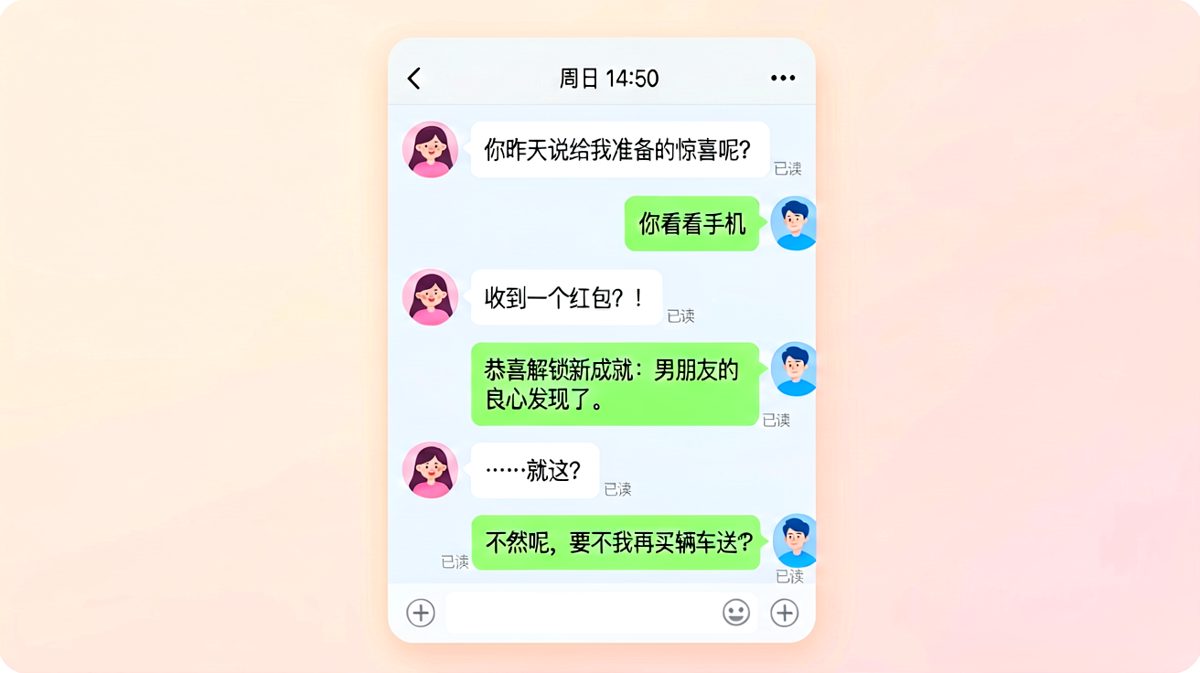 男生送红包当惊喜，女生刚感动完立刻被反向扎心。