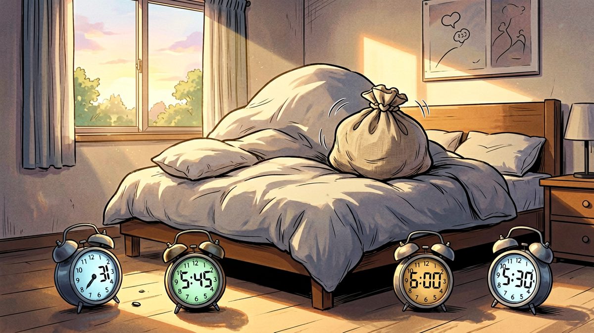 第3格：七个闹钟轮番轰炸，被子山岿然不动。