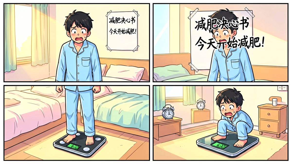 早起称体重，决心减肥
