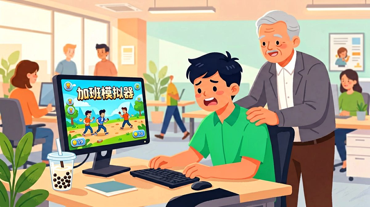 老板表扬小张加班到最后一位，走近一看屏幕写着'加班模拟器'——小张：这游戏挺上头的
