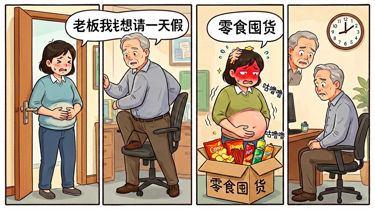 员工捂着肚子请假，老板刚点头就发现身后藏了一箱零食——原来只是饿得没力气加班