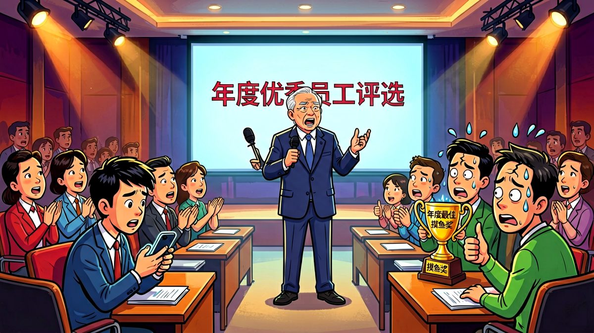阿强开会摸鱼被点名吓得半死，结果老板竟把'年度优秀员工'颁给了他——奖杯上写的是'最佳摸鱼奖'