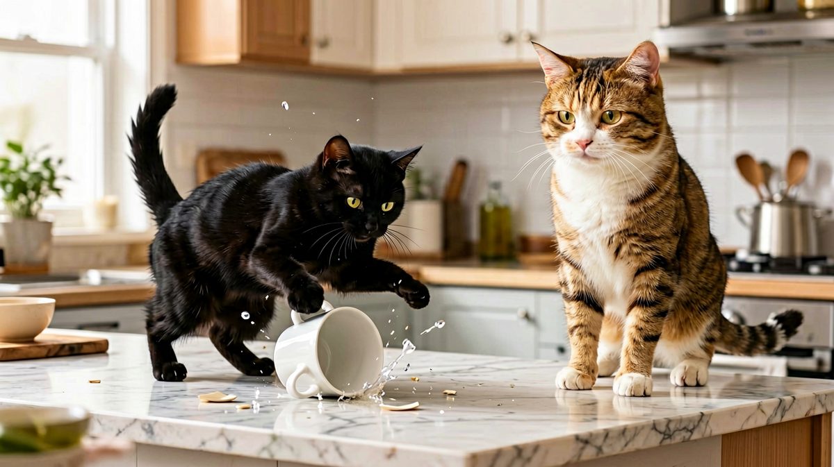 猫咪：我什么都没做，是杯子自己跳下去的。