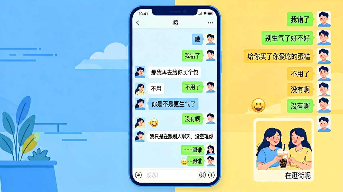 她没生气，只是在跟别人聊天