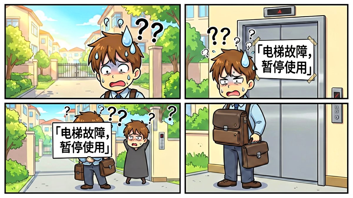 第三回合：好不容易爬到六楼，电梯却罢工了，命运的暴击。