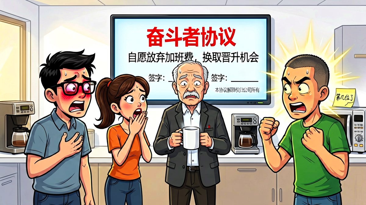 老板画饼说加班费三倍，员工感动到哭，背后大屏幕写的却是自愿放弃加班费。