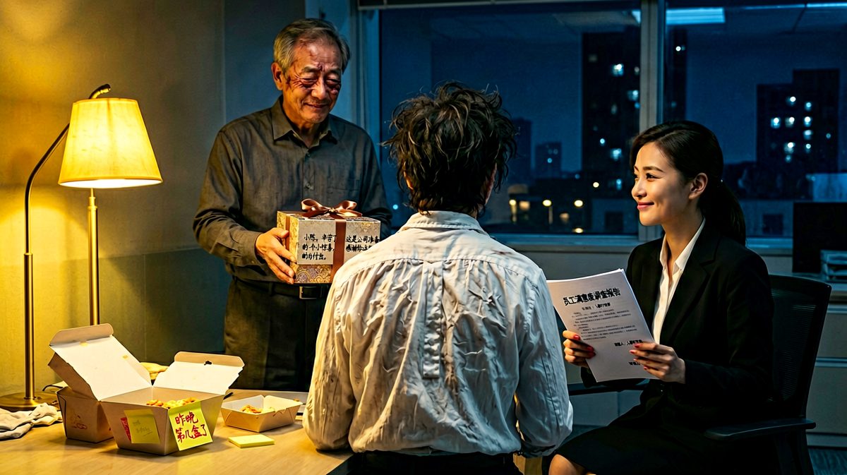 老板深夜送惊喜表彰加班员工，员工感动到颤抖，女同事在看满意度调查报告——原来惊喜是表演。