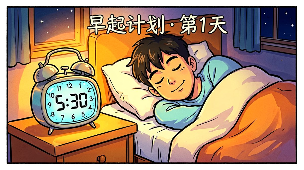 雄心壮志的夜晚，闹钟已设定好，主角对未来充满幻想。