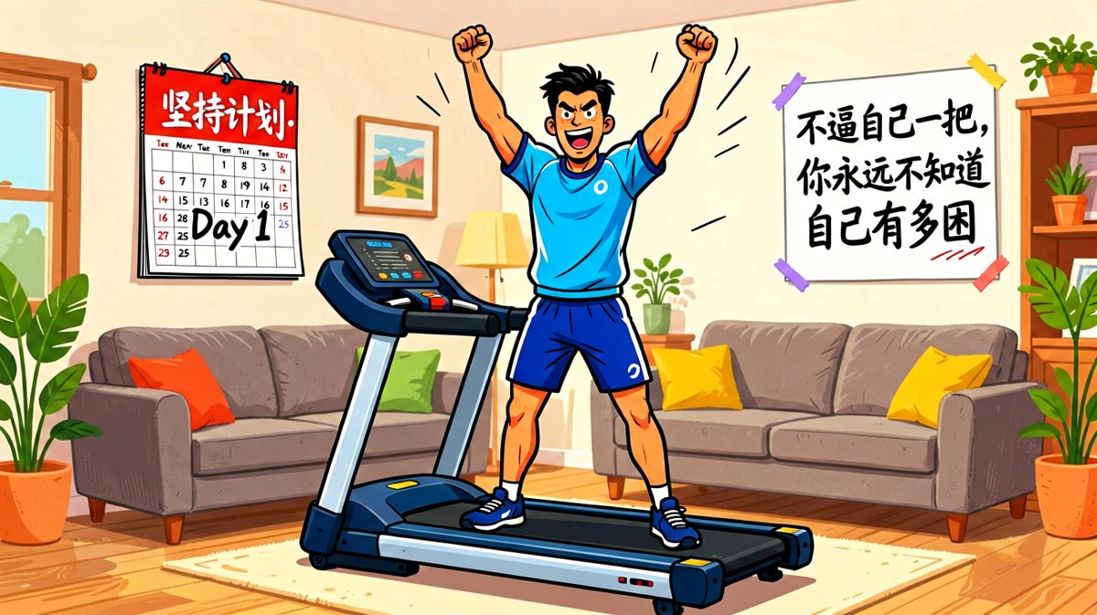 终于起床了！全副武装站上跑步机，自信满满准备开启健康生活。