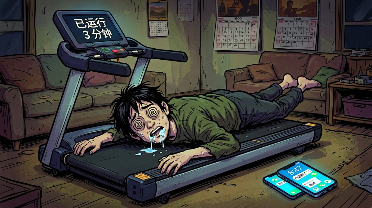 三分钟后……直接睡死在跑步机上，醒来发现已经迟到。