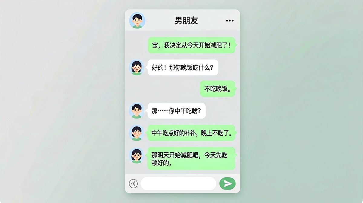 男生态度坚决要减肥，结果被女朋友一句话带偏：明天再说吧！