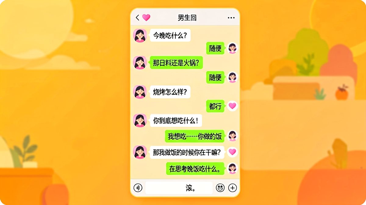 男生全程敷衍说'随便'，最后想蹭饭被当场识破。