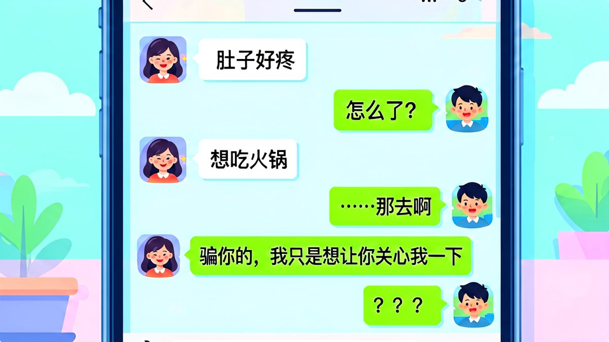 女生用假肚子疼套路男友，结果反被自己绕进去了。