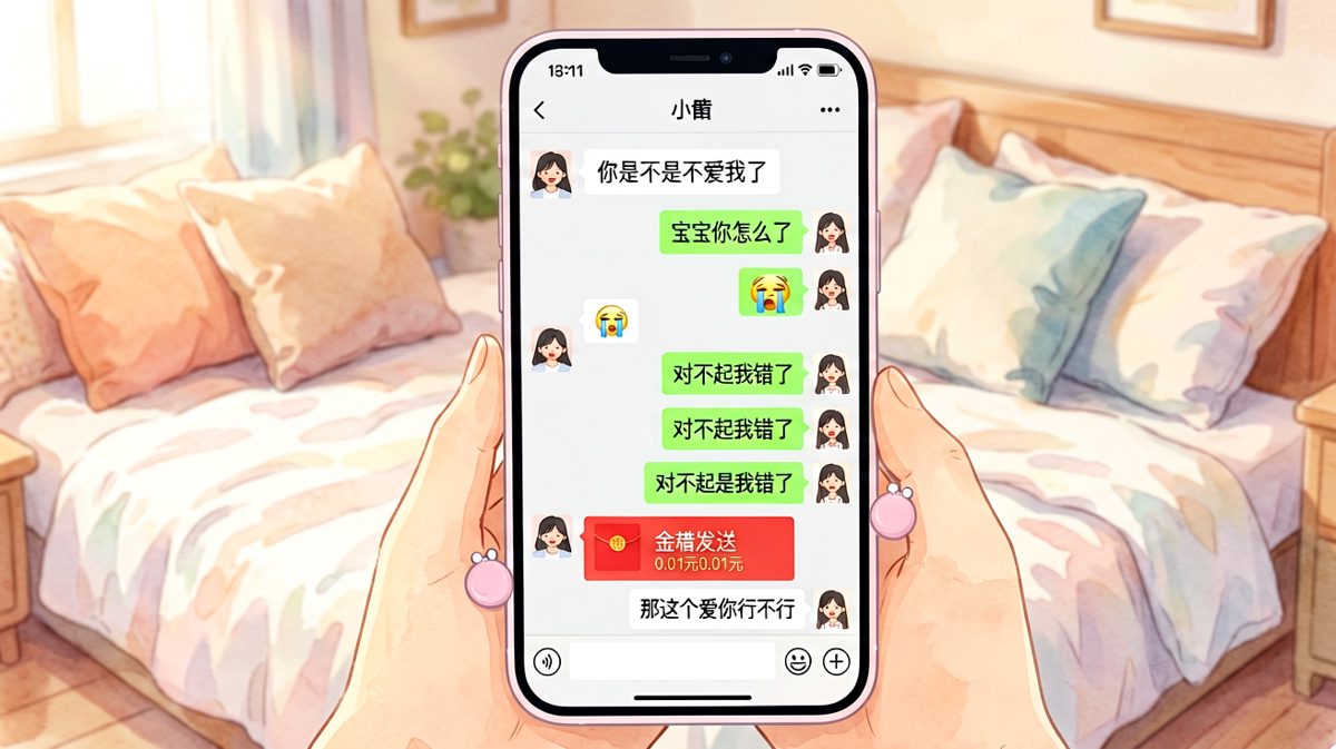 一句「你是不是不爱我了」，最后是用0.01元红包测出来的。