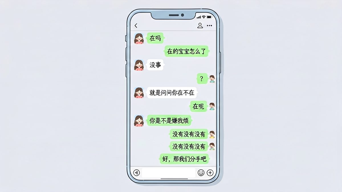 女生：在吗→没事→你烦不烦我→分手吧，男生全程已读不回的心碎现场。