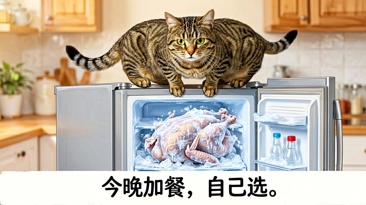 猫咪为了偷吃冷冻鸡，已经和冰箱谈好条件了。