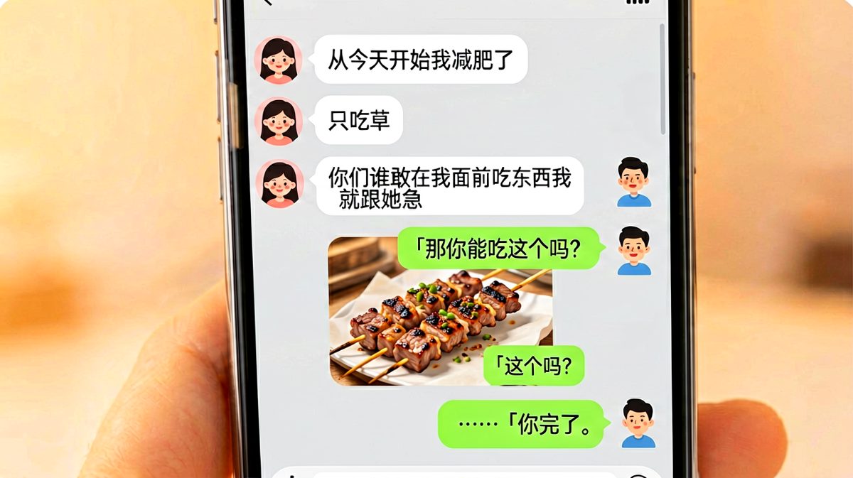 减肥宣言刚发完，对象直接甩来一张烧烤图，人设当场塌房。
