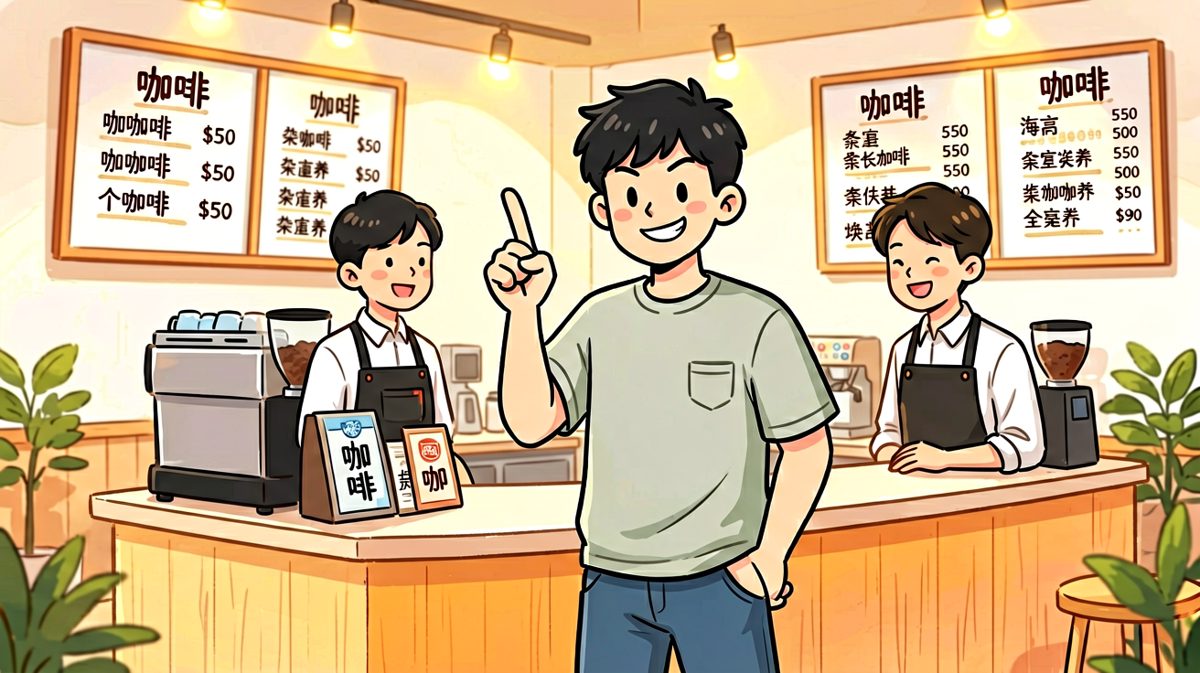  confidently走进咖啡店，准备优雅地点一杯咖啡。