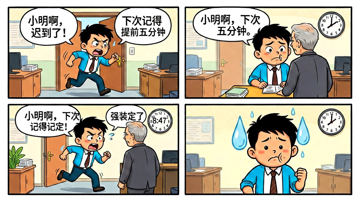 历经千辛万苦终于到公司，却发现自己其实可以睡到九点再出门。