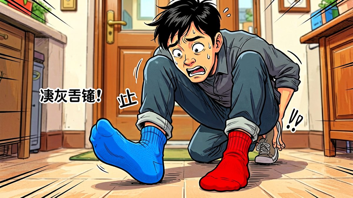 男生慌忙出门却发现袜子穿反了
