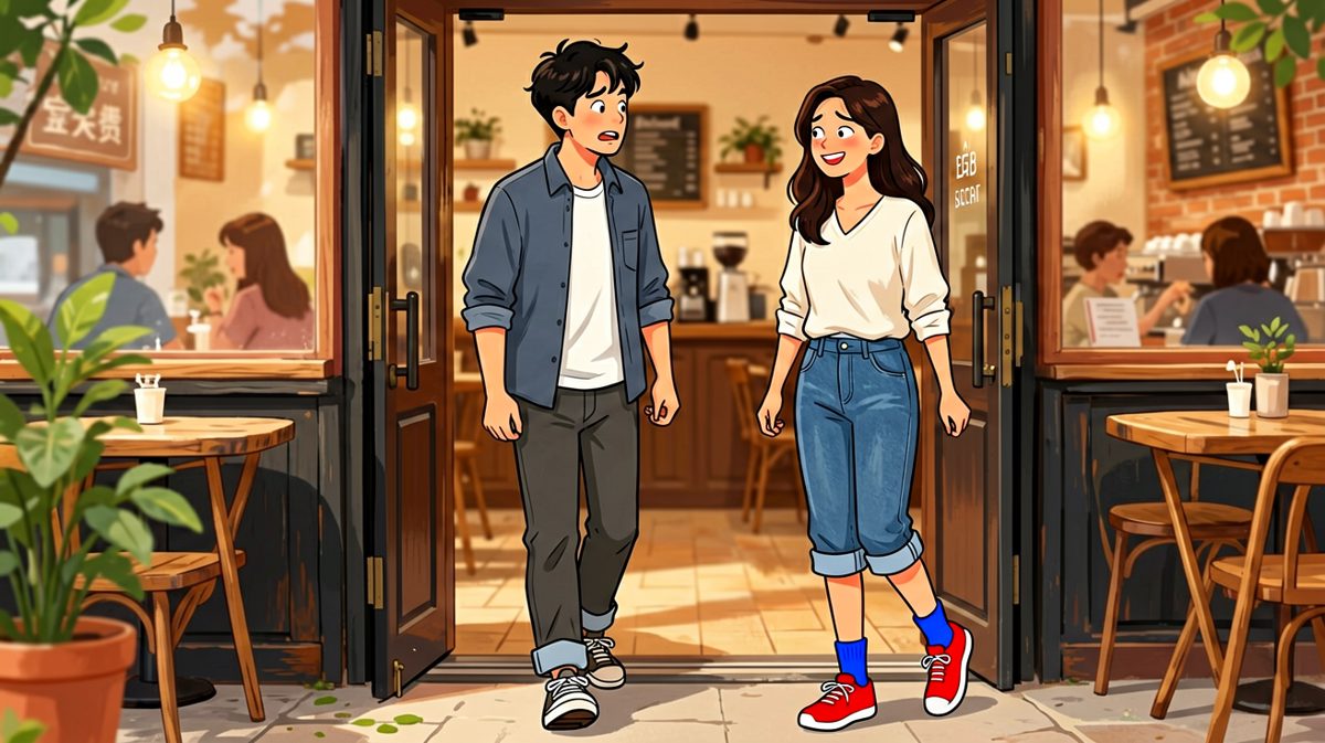 女生也卷着裤腿，两人尴尬对视——原来大家都忘配对袜子了