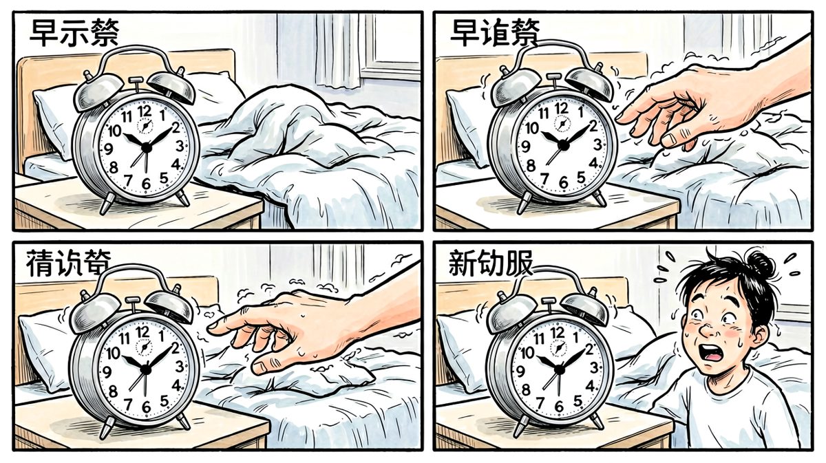 周一清晨，闹钟准时响起，他拼命按掉继续睡