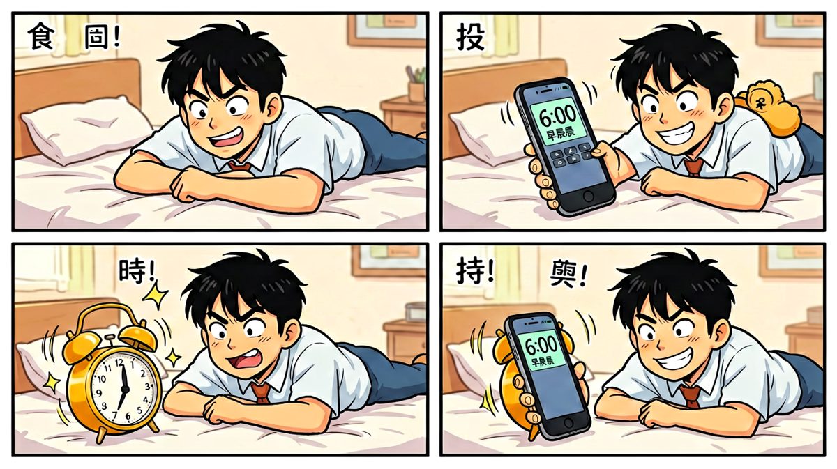 闹钟响起，主人公信心十足地准备一巴掌拍停它