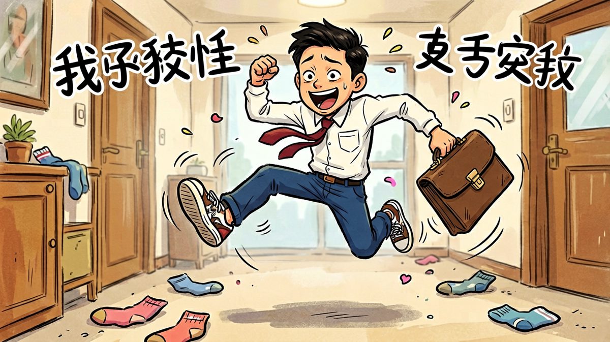 手忙脚乱出门准备迟到的样子
