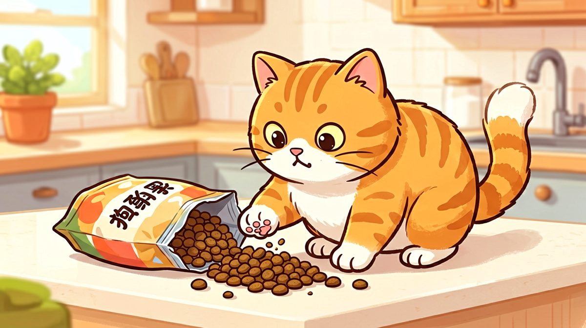 猫：这袋粮食太挤了，我需要把它们疏散到地上去。