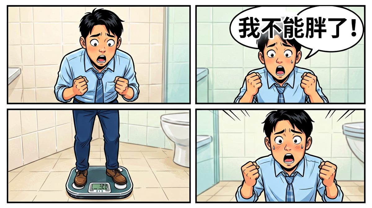 主角发现体重超标，立下减肥誓言。
