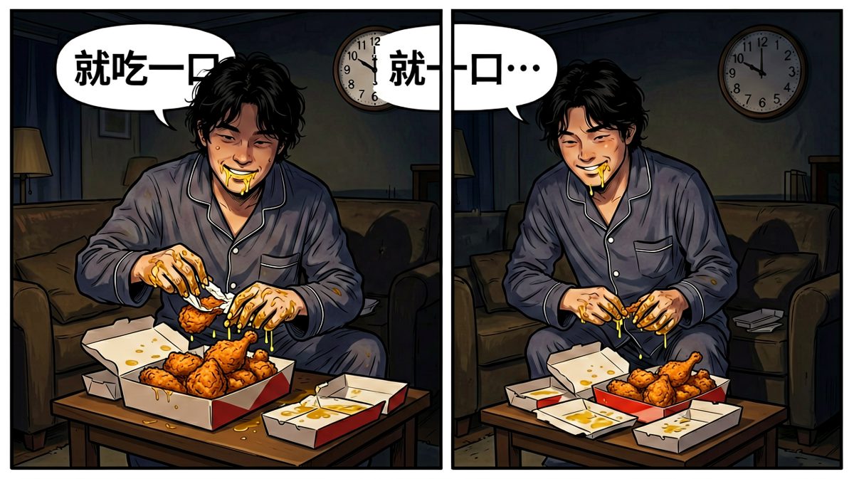 深夜忍不住点了炸鸡外卖，完全忘记了白天的誓言。