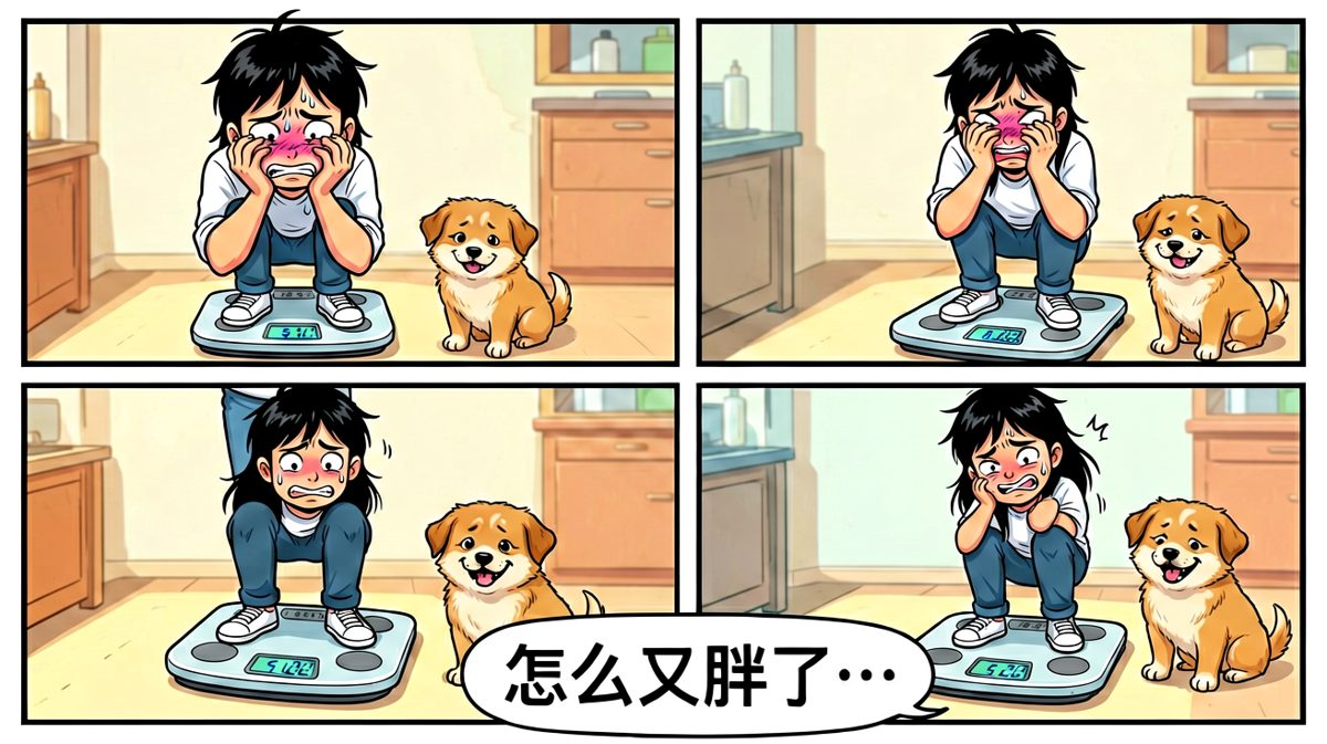 第二天一称，体重反而更重了，连狗狗都在嘲笑他。