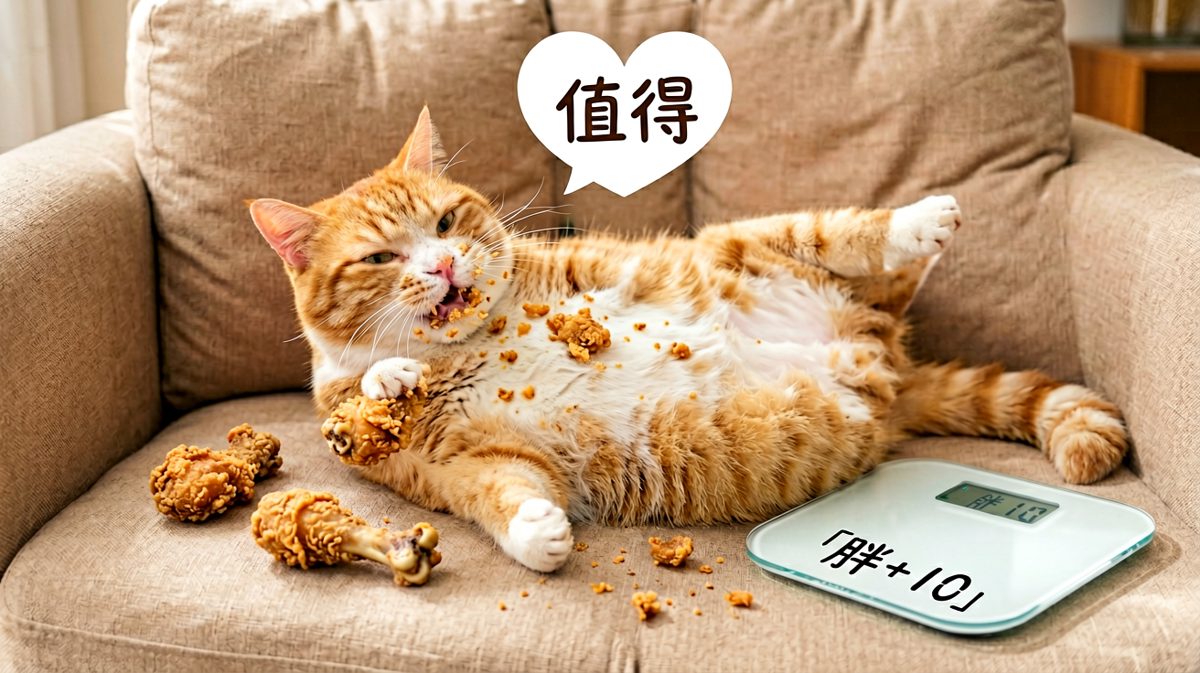 吃完炸鸡躺在沙发上，橘猫一脸满足表示不后悔