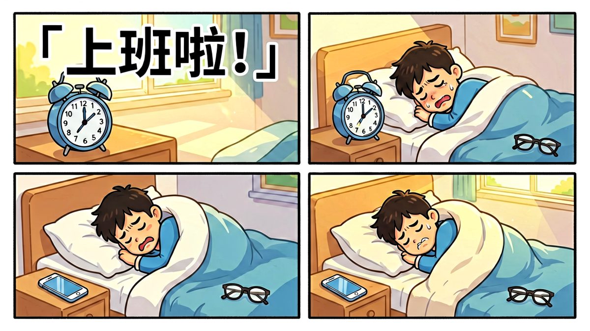 闹钟响了，主人公挣扎着不肯起。