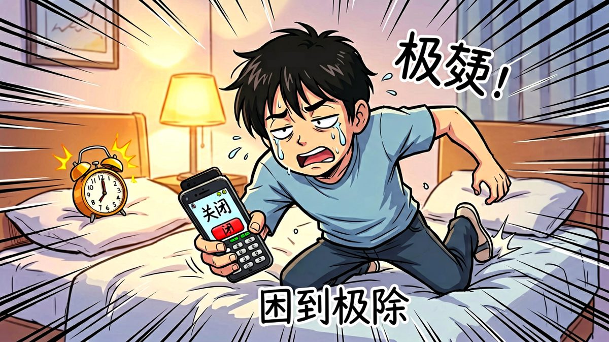 第一个闹钟响起，主角凭借肌肉记忆按掉它，继续昏睡。