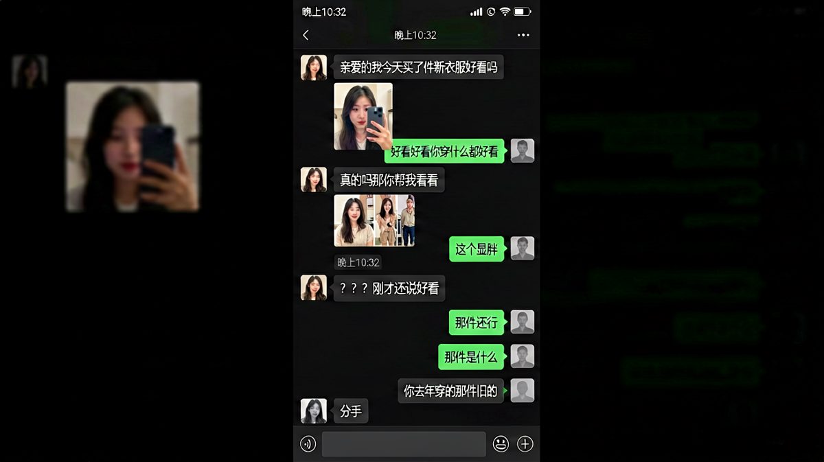 男友的夸夸式回复在'显胖'评价面前瞬间崩塌。