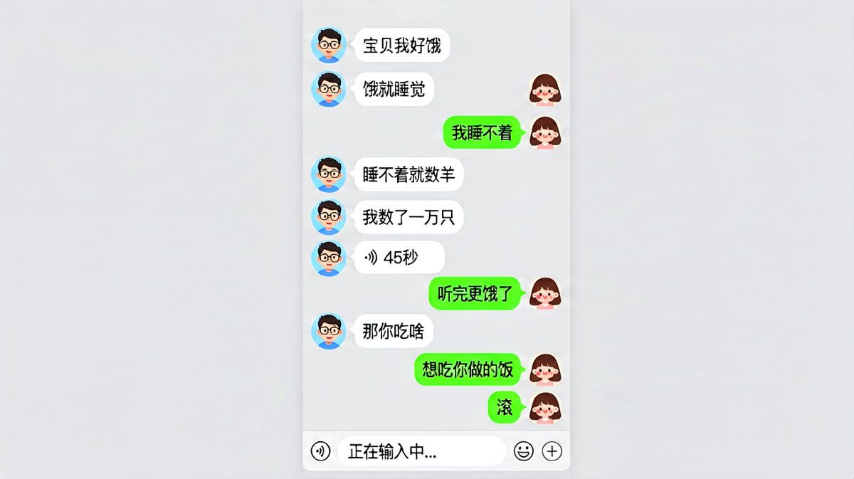 男生喊饿被女生一路'教育'，最后只想吃她做的饭，得到回应：滚